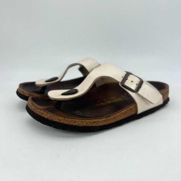 Birkenstock Gizeh Women Size 7 White Birko Flor Leather Thong T Strap Sandal - Picture 1 of 12
